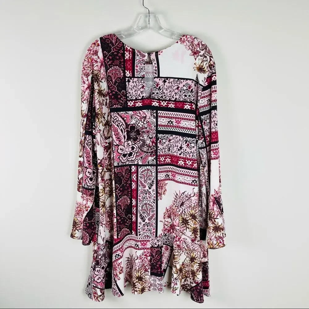 Eci cream pink floral boho stretchy ruffle dress XL